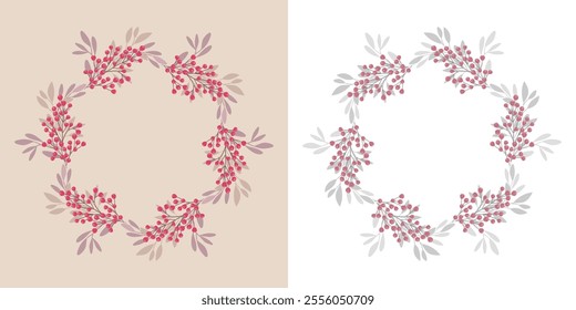 Christmas wreath of twigs and red berries. Round frames for design for Christmas and New Year. Decorative Christmas elements. Vector illustration.