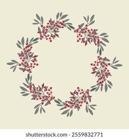 Christmas wreath of twigs and red berries. Round frame for design for Christmas and New Year. Decorative Christmas elements. Vector illustration.