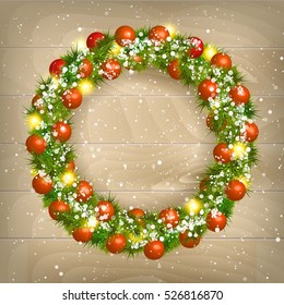 Christmas wreath vector Christmas balls on wooden background