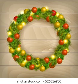 Christmas wreath vector Christmas balls on wooden background