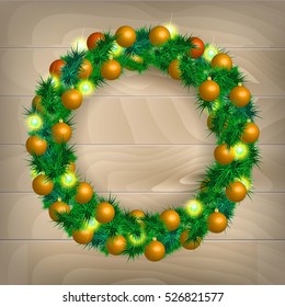 Christmas wreath vector Christmas balls on wooden background