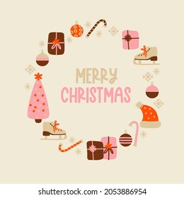 Christmas wreath vector clipart with quote Merry Christmas. Great for posters, postcards, banners. Simple cartoon drawing isolated.