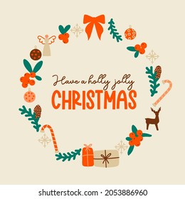 Christmas wreath vector clipart with a quote Have a holly jolly Christmas. Great for posters, postcards, banners. Simple cartoon drawing isolated.