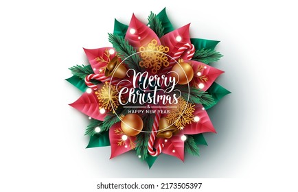 Christmas wreath vector concept design. Merry christmas greeting text in wreath element with snowflakes, ball and candy cane decoration for xmas holiday season. Vector illustration.
