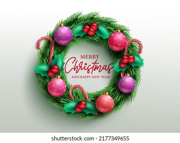 Christmas wreath vector concept design. Merry christmas greeting text in wreath decoration with holly berry, balls and candy cane for xmas holiday celebration. Vector illustration.
