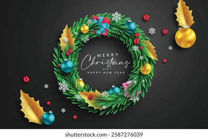 Christmas wreath vector concept design. Merry Christmas text in grass wreath element with leaves, balls and gifts decoration for xmas holiday greeting. Vector illustration.
