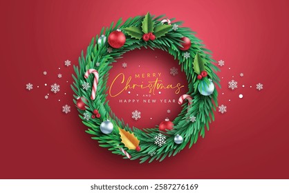 Christmas wreath vector concept design. Merry Christmas greeting text in wreath element with snowflakes, balls and holy berry decoration for xmas holiday celebration. Vector illustration.
