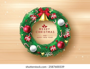 Christmas wreath vector concept design. Merry Christmas text in wooden background with bells, balls and gifts xmas element for holiday greeting decoration. Vector illustration.
