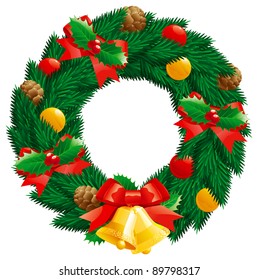 Christmas  wreath. Vector christmas decoration -  fir  wreath with holly leaves and berries, pine cones, baubles, gold hand bells isolated on white background.