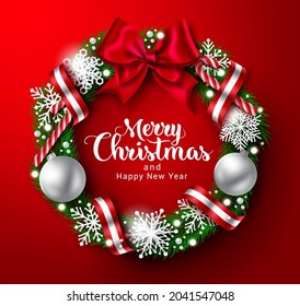 Christmas wreath vector design. Merry christmas text in wreath element with snowflakes, ball and candy cane decoration for xmas holiday season background. Vector illustration.
