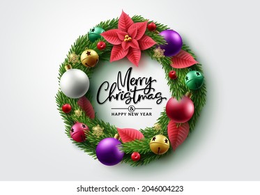 Weihnachtskranz, Vektordesign. Fröhlicher Weihnachtstext mit Garland und bunter Weihnachtsdekoration für Grußkarteneinladung auf weißem Hintergrund. Vektorgrafik. 