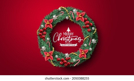Christmas wreath vector design. Merry christmas text in red sapce for typography with garland and colorful xmas decoration for greeting card invitation. Vector illustration. 
