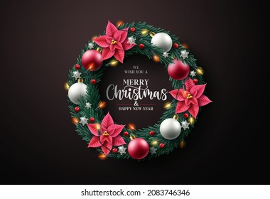 Christmas wreath vector design. Merry christmas text with garland elements for xmas greeting card in black background. Vector illustration. 
