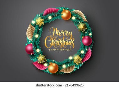 Christmas wreath vector design. Merry christmas greeting text in wreath elements with snowflakes, balls and bokeh decoration elements for xmas holiday season. Vector illustration.

