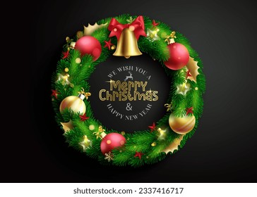 Christmas wreath vector design. Merry christmas and happy new year season greeting text in garland ornaments. Vector illustration holiday card decoration. 
