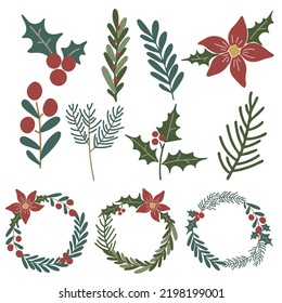 Christmas wreath vector, Digital holiday vector illustration, New Year decoration isolated, Christmas branch tree isolated set