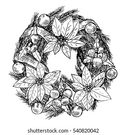 Christmas wreath. Vector greeting card, poster, banner. Botanical hand drawn background. gifts, cones, poinsetiya, holly. holiday decor