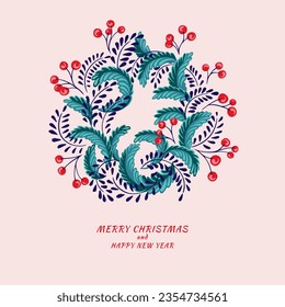 Christmas wreath vector hand drawn. Card with Christmas wreath and red berries. Xmas decor. Universal unique modern template design. Vector graphics suitable for use for instagram post banner, print