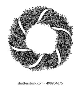 Christmas wreath. Vector hand drawn illustration with fir tree branches and ribbon. Engraved traditional xmas decoration element. Great for greeting and invitation card, holiday banner, postcard