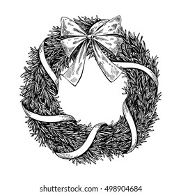 Christmas wreath. Vector hand drawn illustration with fir tree branches, bow and ribbon. Engraved traditional xmas decoration element. Great for greeting and invitation card, holiday banner, postcard