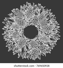 Christmas wreath. Vector hand drawn illustration with fir tree branches Engraved traditional xmas decoration element Great for greeting and invitation card, holiday banner, postcard. Isolated on black