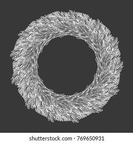 Christmas wreath. Vector hand drawn illustration with fir tree branches Engraved traditional xmas decoration element Great for greeting and invitation card, holiday banner, postcard. Isolated on black
