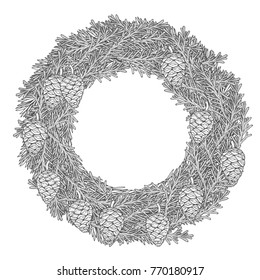 Christmas wreath. Vector hand drawn illustration with fir tree branches. Engraved traditional xmas decoration element. Great for greeting and invitation card, holiday banner, postcard