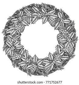 Christmas wreath. Vector hand drawn illustration with fir tree branches. Engraved traditional xmas decoration element. Great for greeting and invitation card, holiday banner, postcard