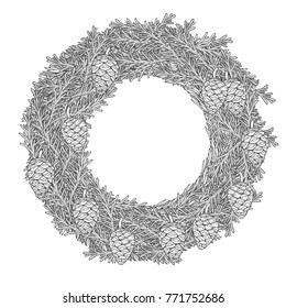Christmas wreath. Vector hand drawn illustration with fir tree branches. Engraved traditional xmas decoration element. Great for greeting and invitation card, holiday banner, postcard
