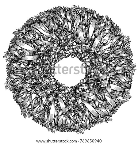 Christmas wreath. Vector hand drawn illustration with fir tree branches. Engraved traditional xmas decoration element. Great for greeting and invitation card, holiday banner, postcard