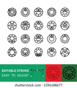 Christmas Wreath vector icon set, line design