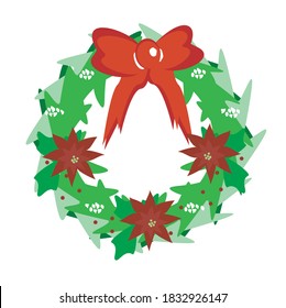 Christmas wreath vector illustration with a bow, poinsettia flowers, and red berries.