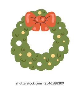 Weihnachtskranz, Vektorgrafik mit Kiefernzweigen und einer festlichen Schleife. Ein perfektes Winterdekorationselement für Ferienkarten und -grüße.