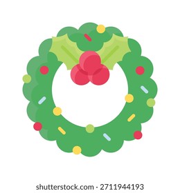 Christmas Wreath Vector Illustration, Flat Style Icon