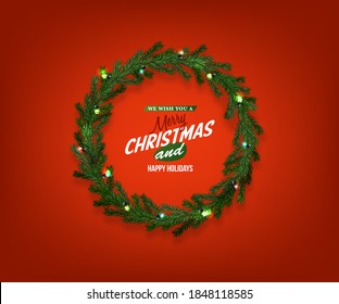 Christmas wreath vector illustration. Greeting card with Christmas tree branches and Christmas toys.