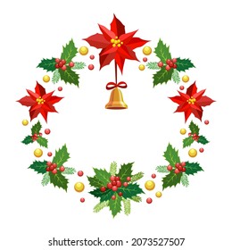 Christmas wreath. Vector illustration, icon, logo, art. Yellow golden bell with red ribbon, poinsettia and pine needles of a Christmas tree on a white background. Winter xmas holiday concept.