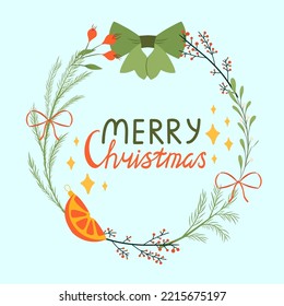Christmas wreath vector illustration with lettering - Merry Christmas. Unique design for your greeting cards, banners, flyers in modern style.