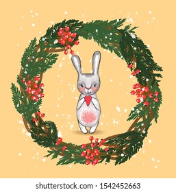 Christmas wreath. Vector illustration. New Year's hare. Coniferous branches and decorations.