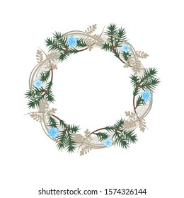 Christmas wreath. Vector illustration on a white background. Space for text. Coniferous branches, snowflakes and decorations. Suitable for design holiday cards.