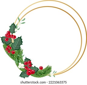 Christmas wreath. Vector illustration with painted round frame , green fir branches and red berries. Christmas decoration. 
