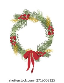 Ilustración vectorial de corona de Navidades con agujas de pino, bayas rojas y lazo de cinta. Diseño festivo de vacaciones para tarjeta, invitación, cartel y decoración.