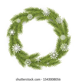 Christmas wreath. Vector illustration. White snowflakes. Christmas tree. Isolated.