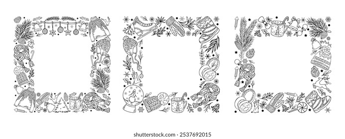 Christmas wreath. Vector illustration of winter pattern with isolated elements. Hand elements. Background for greeting card design, holiday decor.