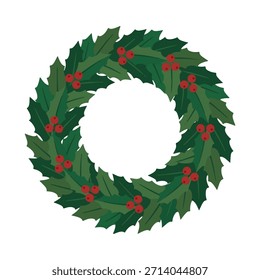 Vector de corona de Navidades hecho de hojas de pino y bayas, estilo minimalista plano