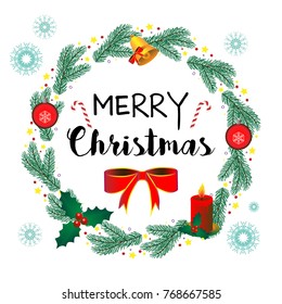 Christmas wreath vector with merry christmas message including ornaments, candle, ribbon, bell and mistletoe