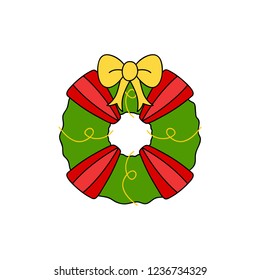 Christmas wreath vector outlined  illustration icon. Seasonal, festive decorated xmas wreath with red ribbon, yellow, gold ribbon bow and strings. 