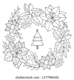 Christmas Wreath Vector Outlines. Christmas Tree. Christmas Coloring Page. Vector Outline Illustration.