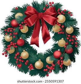 Christmas wreath. Vector Christmas Pine Fluffy Wreath with Christmas Decorations isolated on white background