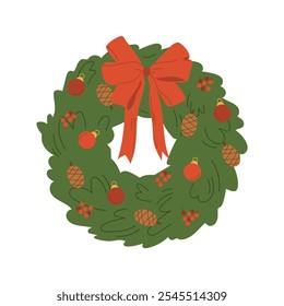 Christmas Wreath Vector with Red Bow and Ornaments, festive Christmas wreath illustration features a classic green wreath adorned with a red bow, ornaments, pine cones, and berries