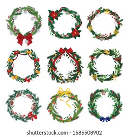 Christmas Wreath Vector Set. Colorful Holiday Decorative Fir Tree Branches Arranged in a Circle